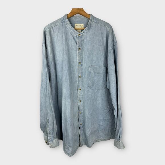 Eddie Bauer Vintage Mens size XXL Long Sleeve Denim Grandad Collar Denim Shirt - Picture 1 of 10